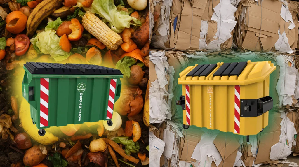 Contenedores para el reciclaje industrial de desechos orgánicos en color verde y de desechos en papel y cartón de color amarillo.