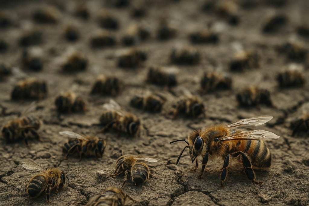 Abejas sobre tierra seca, imagen que representa el impacto del cambio climático y la pérdida de hábitat en la importancia de las abejas en el mundo.
