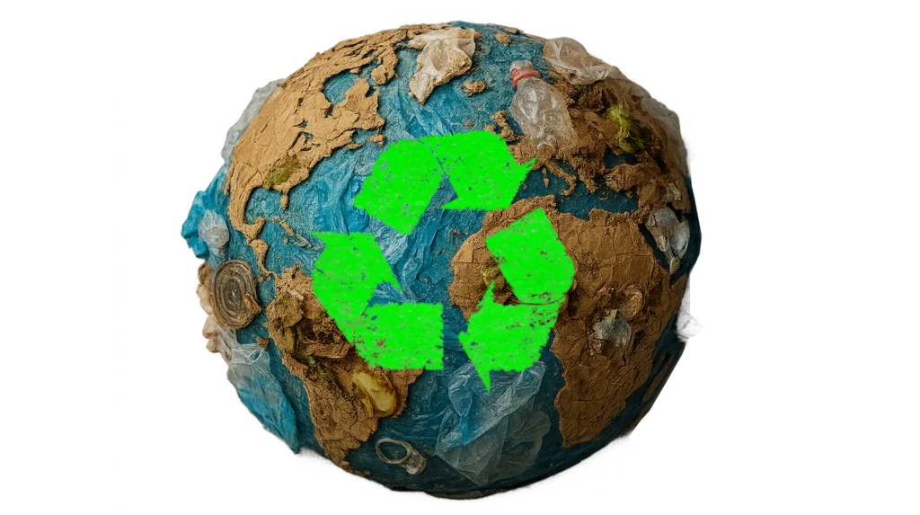 Planeta tierra hecho de desechos para incentivar el reciclaje industrial