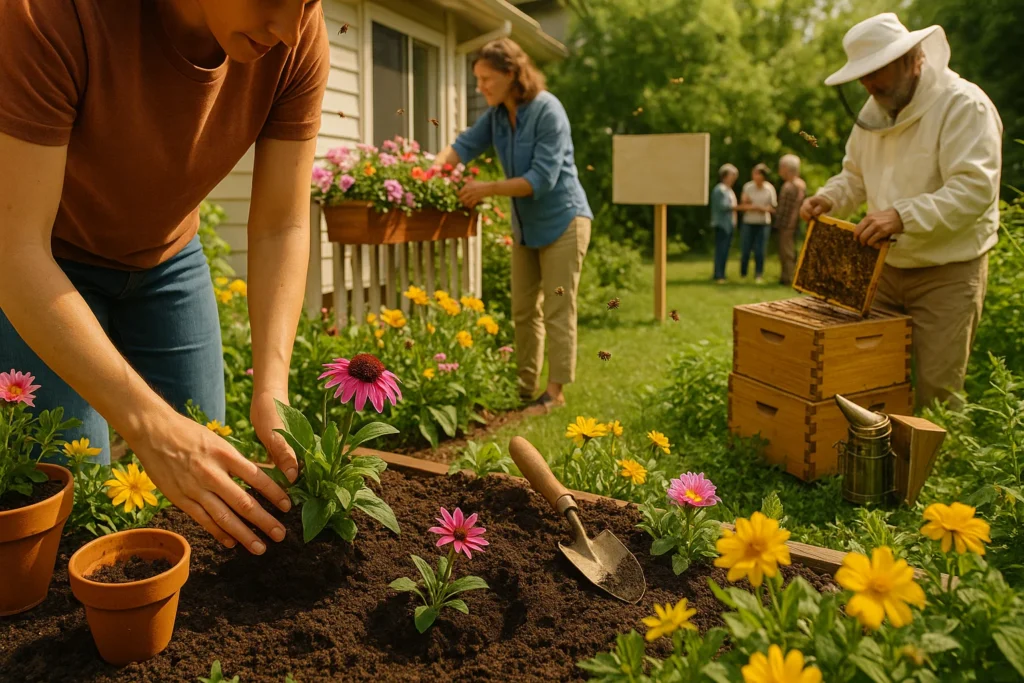 Personas realizando acciones para proteger a las abejas: una mujer planta flores nativas en un jardín, otra cuida macetas en un balcón, un apicultor recolecta miel de colmenas y un grupo participa en una campaña comunitaria al aire libre, rodeados de vegetación y abejas en vuelo.
