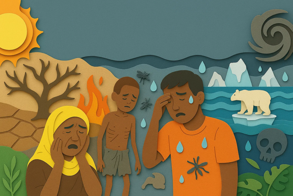 Ilustración de personas afectadas por el cambio climático: sequía, incendios, desnutrición, inundaciones, deshielo polar y pérdida de biodiversidad, simbolizando las consecuencias humanas y ambientales del calentamiento global.