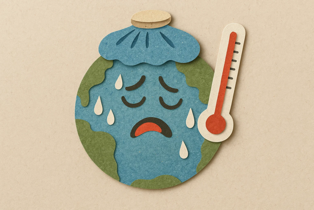 Ilustración del planeta Tierra con expresión triste, gotas de sudor y un termómetro alto, representando el calentamiento global y los efectos del cambio climático.