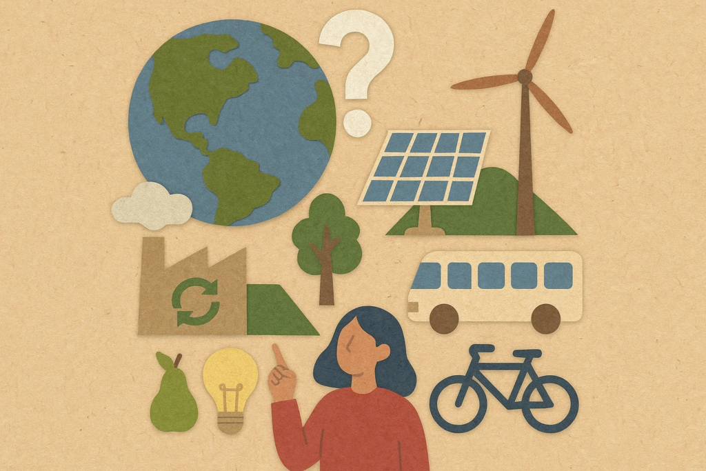 Ilustración sobre acciones contra el cambio climático: energía solar, bicicleta, transporte público, reciclaje, alimentos sostenibles y uso eficiente de la energía, representando soluciones ecológicas para cuidar el planeta.









