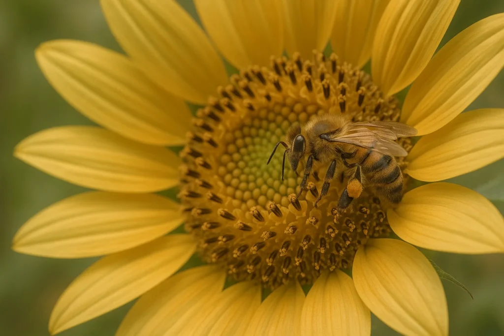 Abeja recolectando polen en el centro de un girasol, imagen que representa la importancia de las abejas en el mundo como polinizadoras esenciales para la biodiversidad y la producción de alimentos.