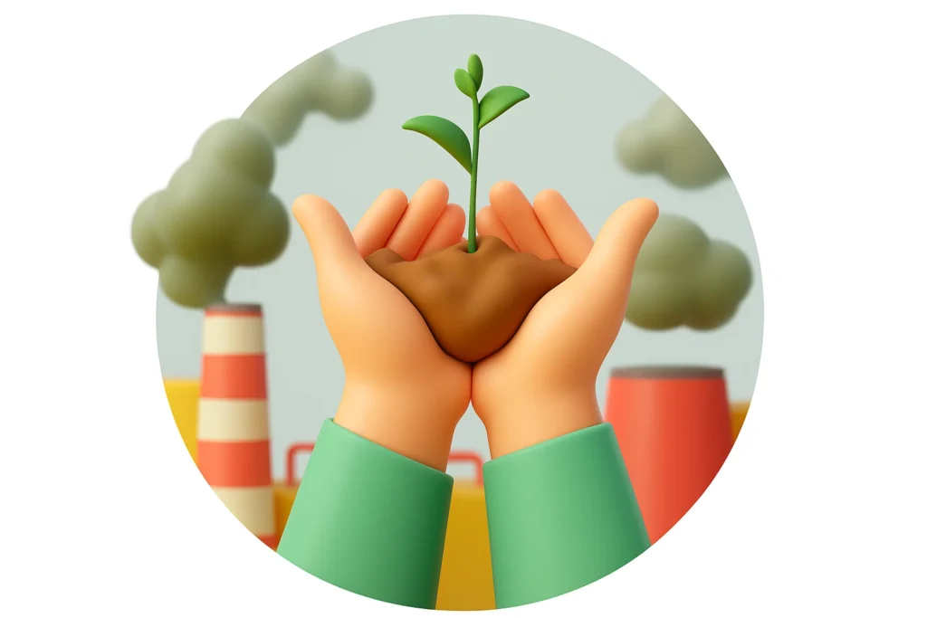 Manos sosteniendo una planta verde frente a fábricas contaminantes, símbolo de responsabilidad ambiental y protección del medio ambiente.
