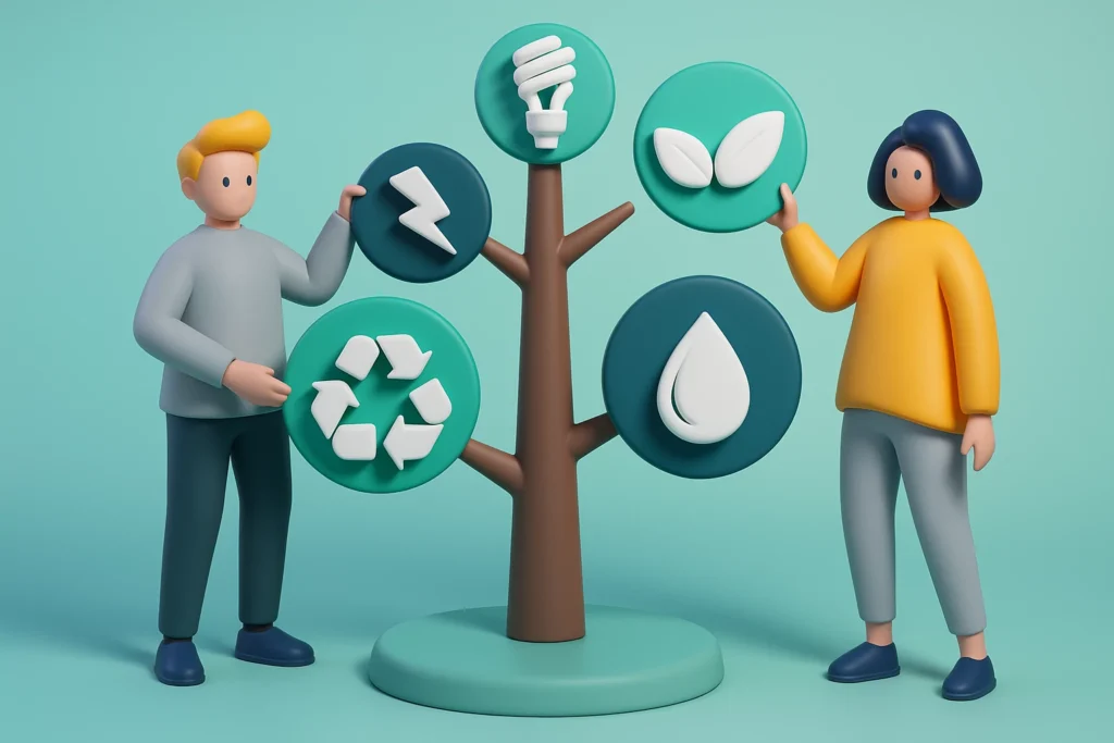 Ilustración 3D de dos personas junto a un árbol con íconos de reciclaje, energía y agua, representación de sostenibilidad y educación ambiental.