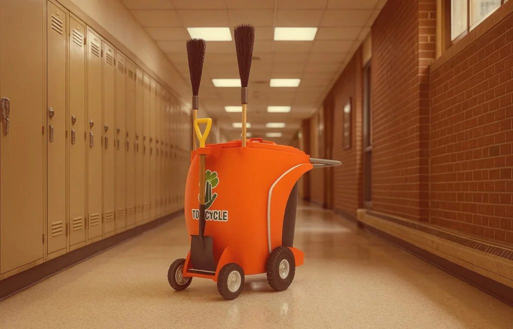 Carro barrendero naranja con pala y escobas, ideal para limpieza de pasillos y áreas interiores en escuelas o edificios.