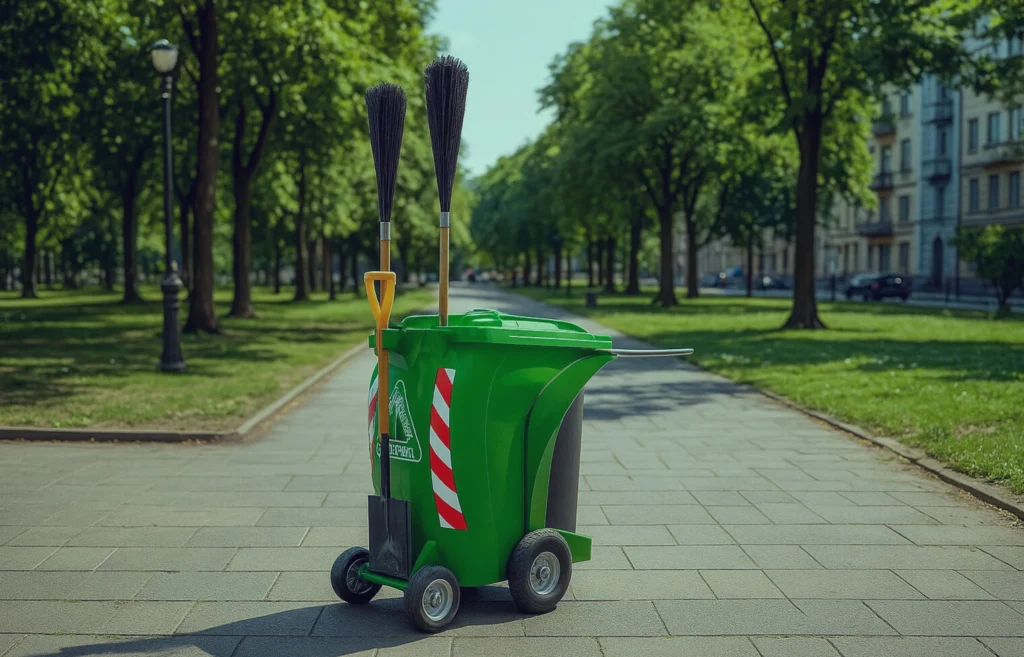 Carro barrendero verde con pala y escobas, utilizado para mantenimiento y limpieza de parques y zonas peatonales.