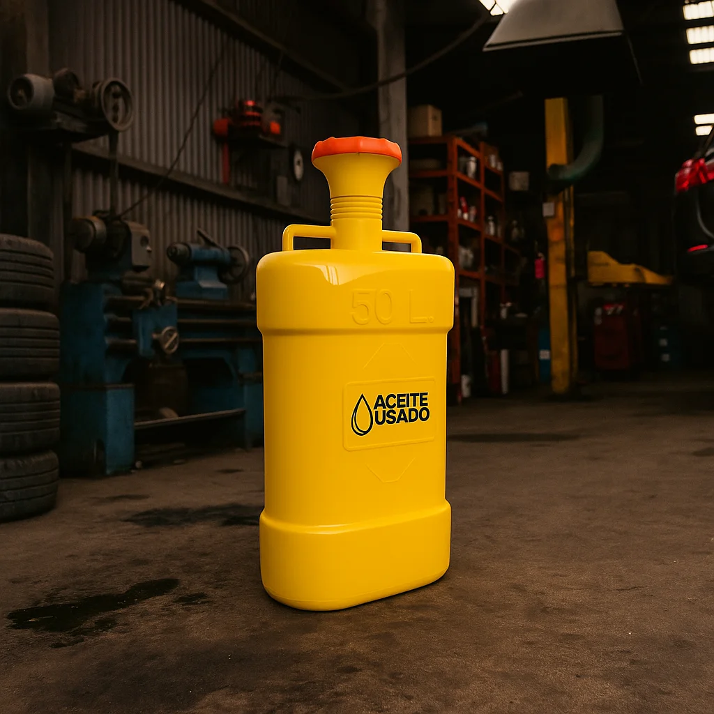 Contenedores de aceite usados de 50 litros ideales para talleres automotrices y procesos industriales.