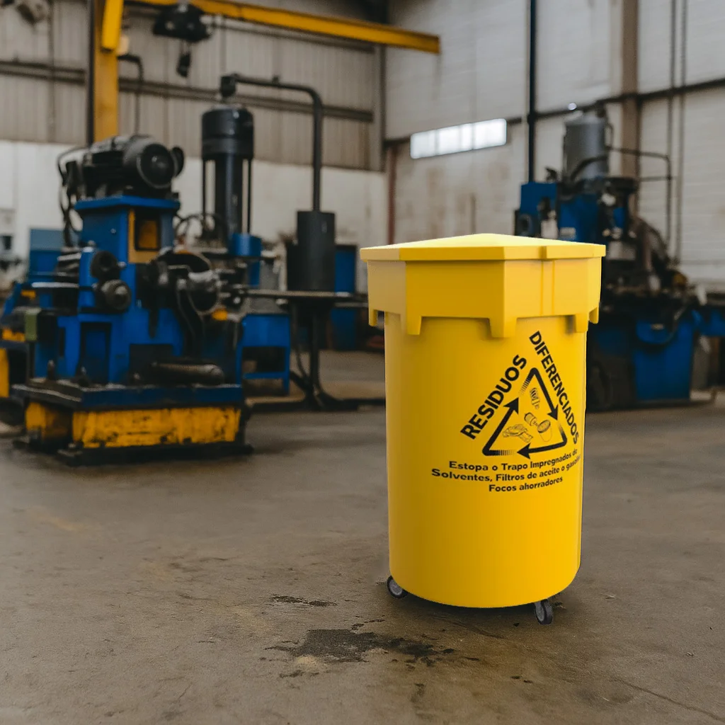 Contenedores de aceite y residuos especiales en áreas industriales para una gestión responsable y segura.