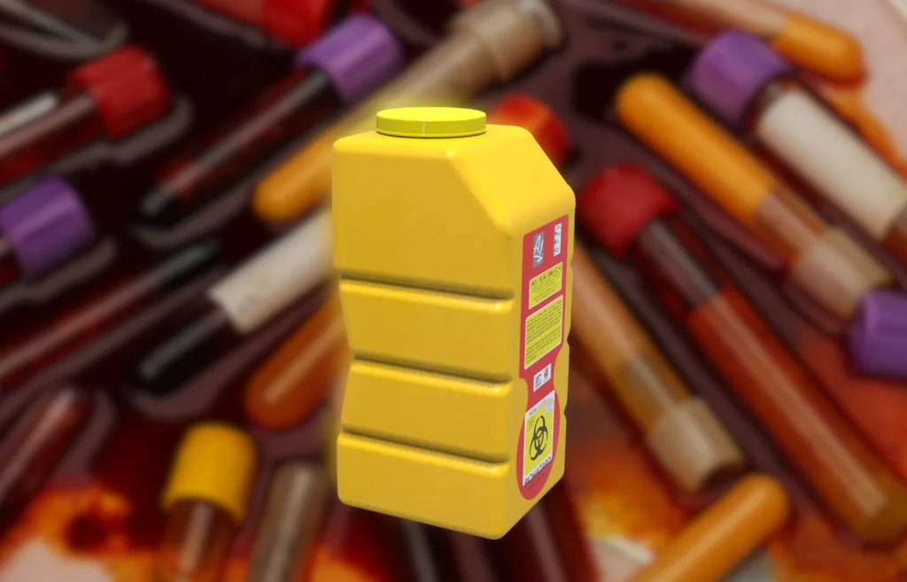 Contenedor RPBI amarillo para muestras líquidas de laboratorio, con tapa hermética y símbolo de riesgo biológico..