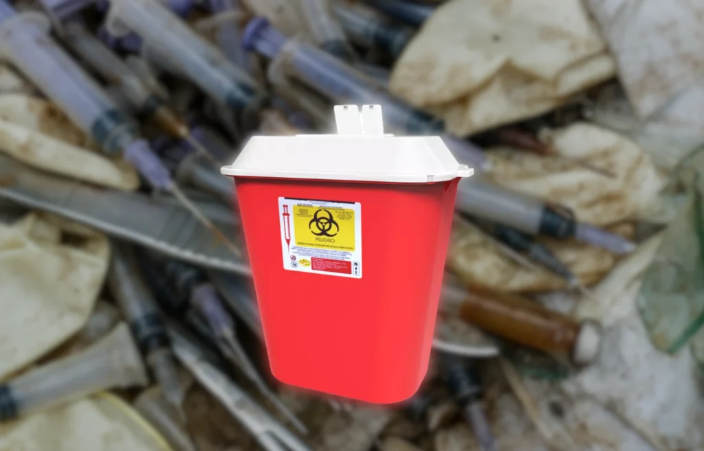 Contenedor RPBI rojo rígido para residuos punzocortantes como agujas, bisturís y navajas médicas.