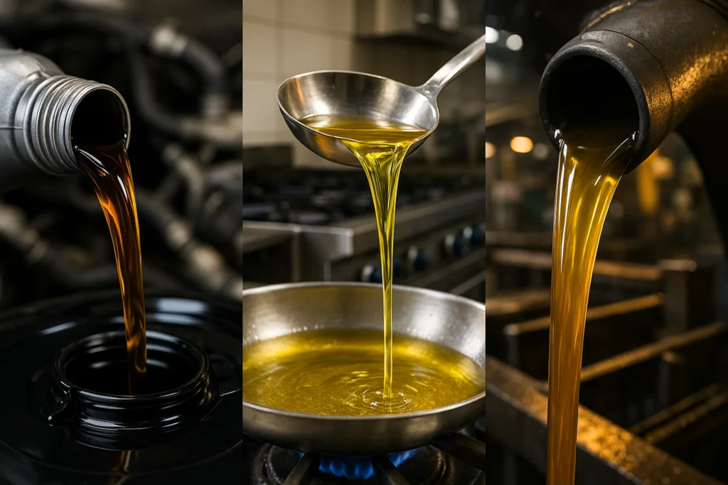 Diferentes aceites industriales del sector automotriz, de cocina y de fábricas para usar con los contenedores de aceite.
