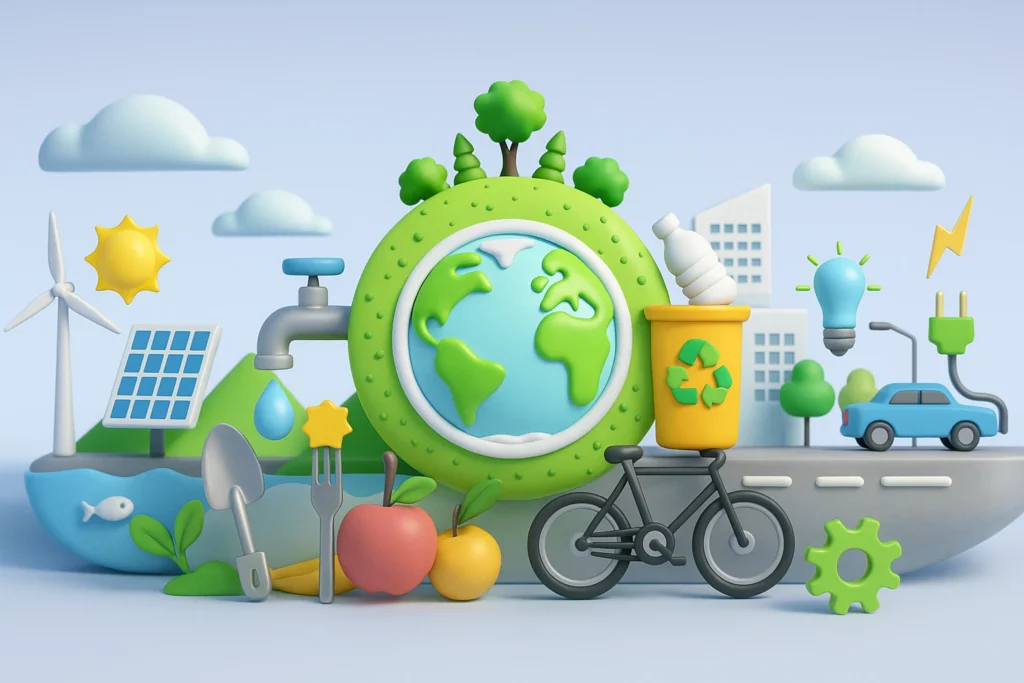 Animación 3D con elementos ecológicos: bicicleta, panel solar, reciclaje, frutas y energías renovables en torno al planeta Tierra.