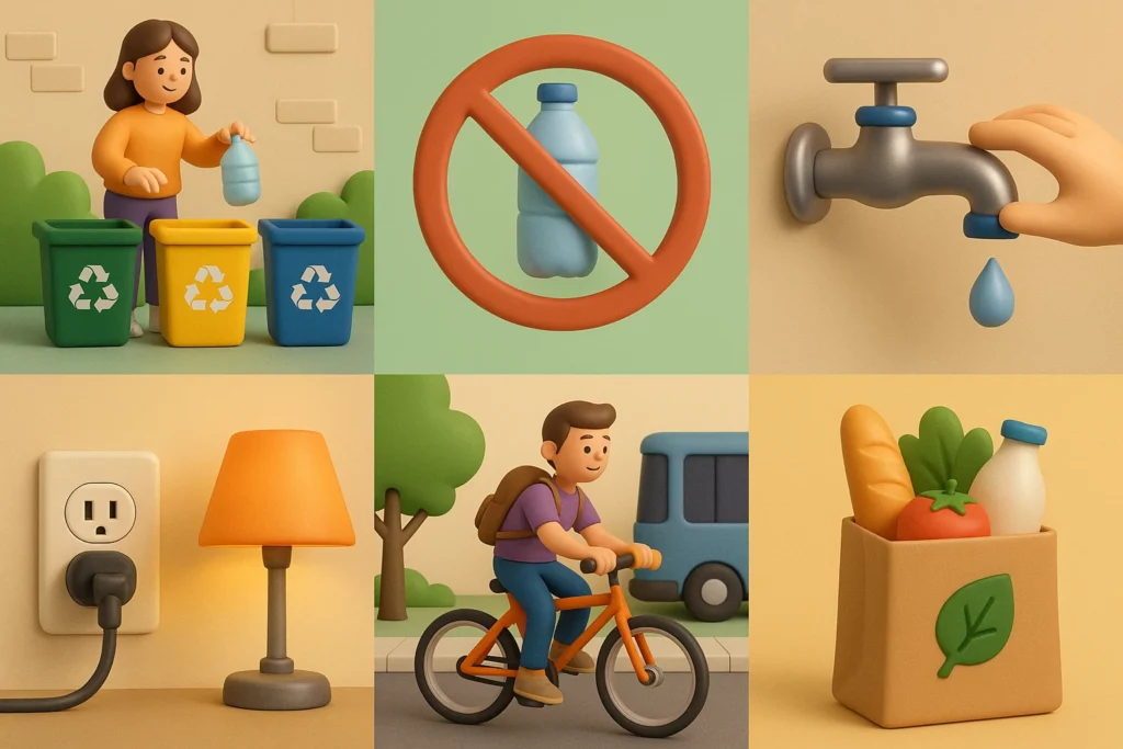 lustración 3D de prácticas ecológicas con energía renovable, reciclaje, educación ambiental y reforestación, ejemplo de conciencia ambiental.