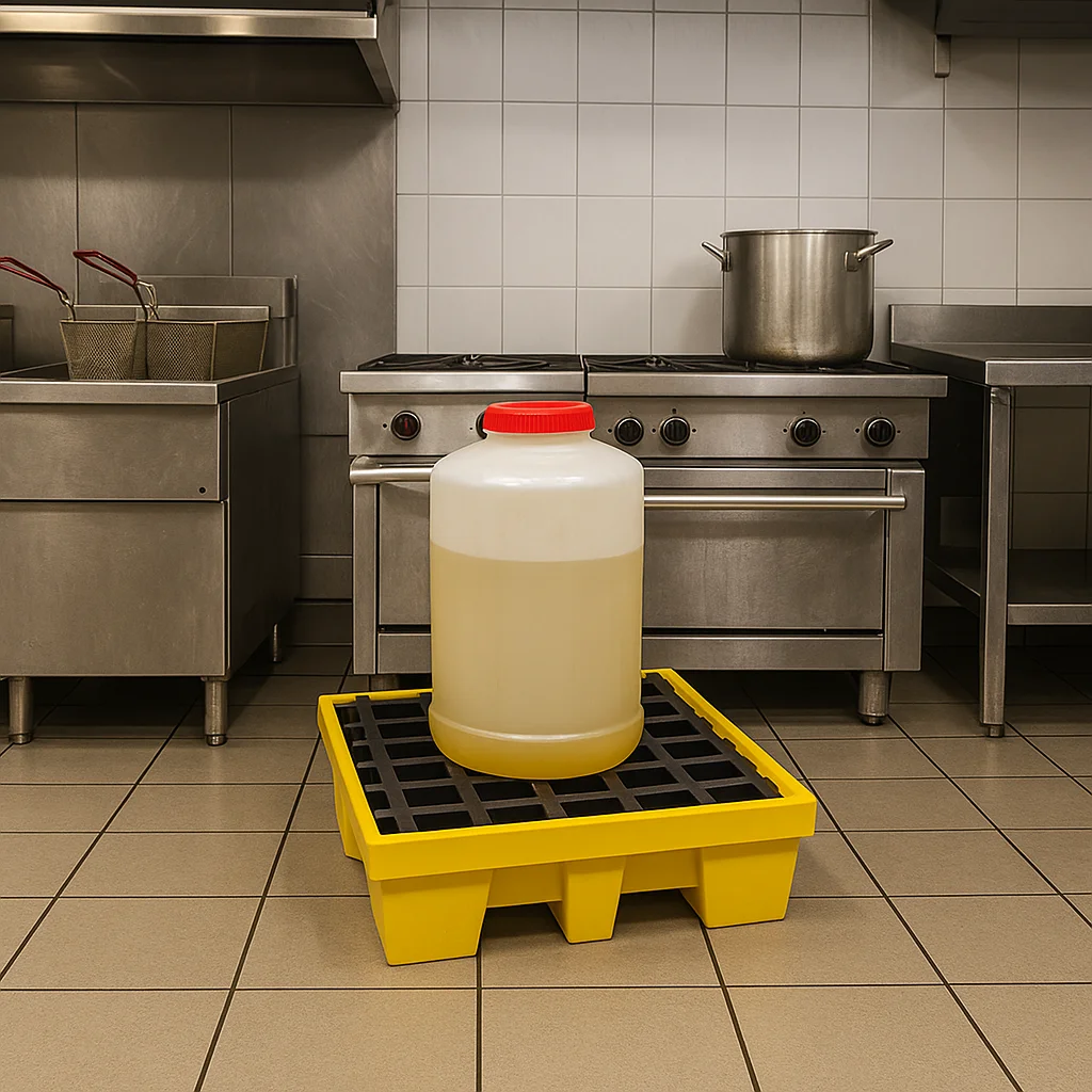 Contenedores de aceite en cocina industrial sobre tarima plástica para el manejo seguro de aceites vegetales usados.