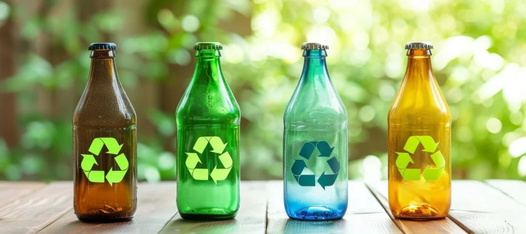Botellas de vidrio reciclado en diferentes colores con el símbolo de reciclaje