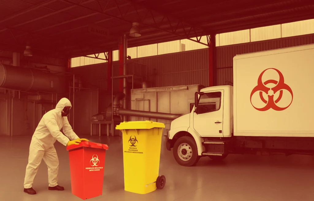 Personal con equipo de protección transportando contenedores RPBI rojos y amarillos hacia vehículo de recolección especializada.