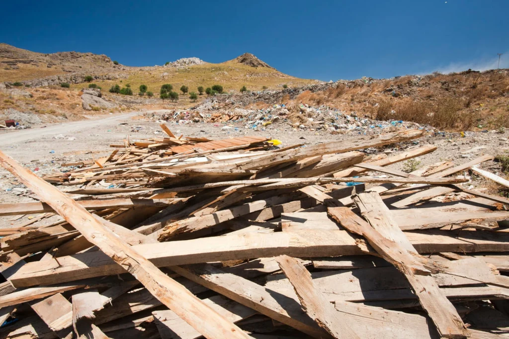 Restos de madera en vertedero que pueden transformarse en madera reciclada para nuevos usos