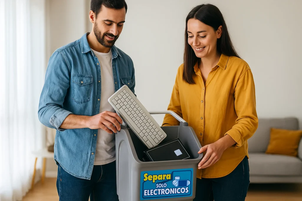 Personas depositando aparatos electrónicos en un contenedor de reciclaje especializado
