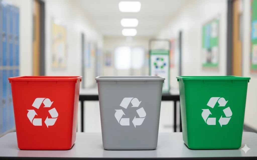 botes de colores para reciclar basura en las escuelas. 