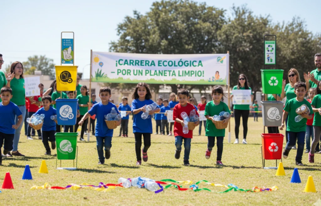 Niños participando en una carrera ecológica con contenedores de reciclaje