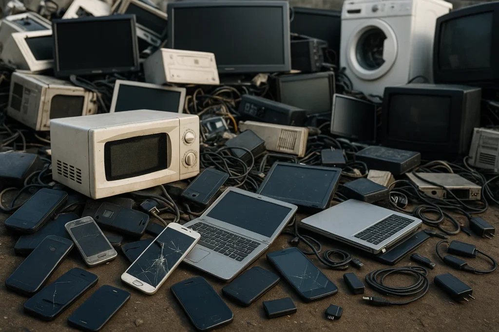 Montaña de basura electrónica con celulares, laptops y electrodomésticos en desuso
