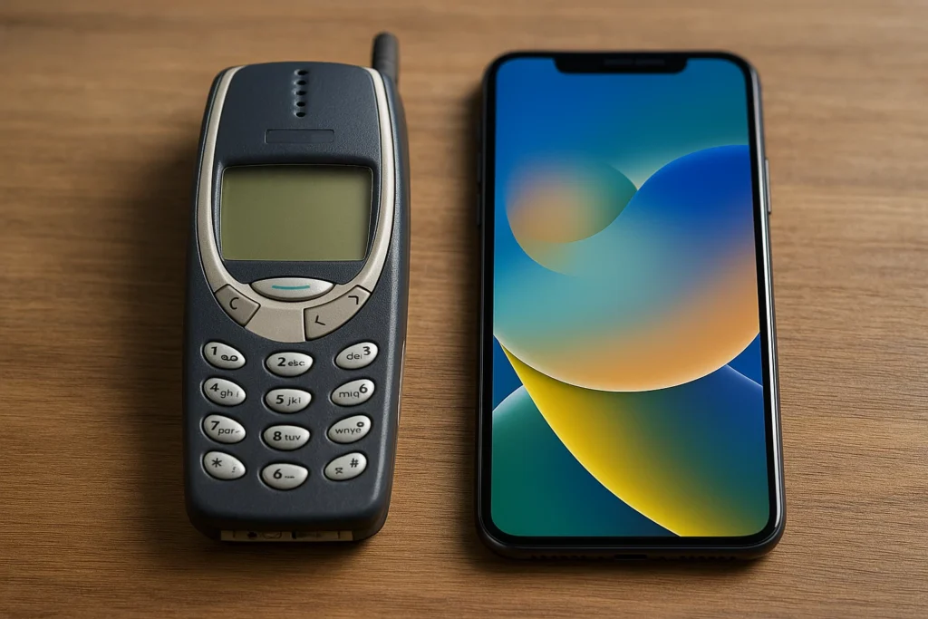 Comparación de un celular antiguo y un smartphone moderno como ejemplo de obsolescencia tecnológica