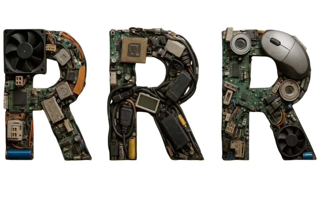 Letras R formadas con piezas electrónicas, representando reducir, reutilizar y reciclar.