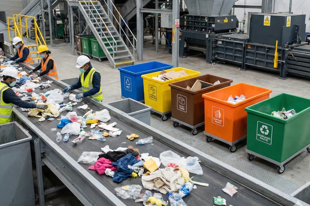Separación de residuos en la Ciudad de México como parte del sistema de basura cero, con contenedores diferenciados y recolección organizada.